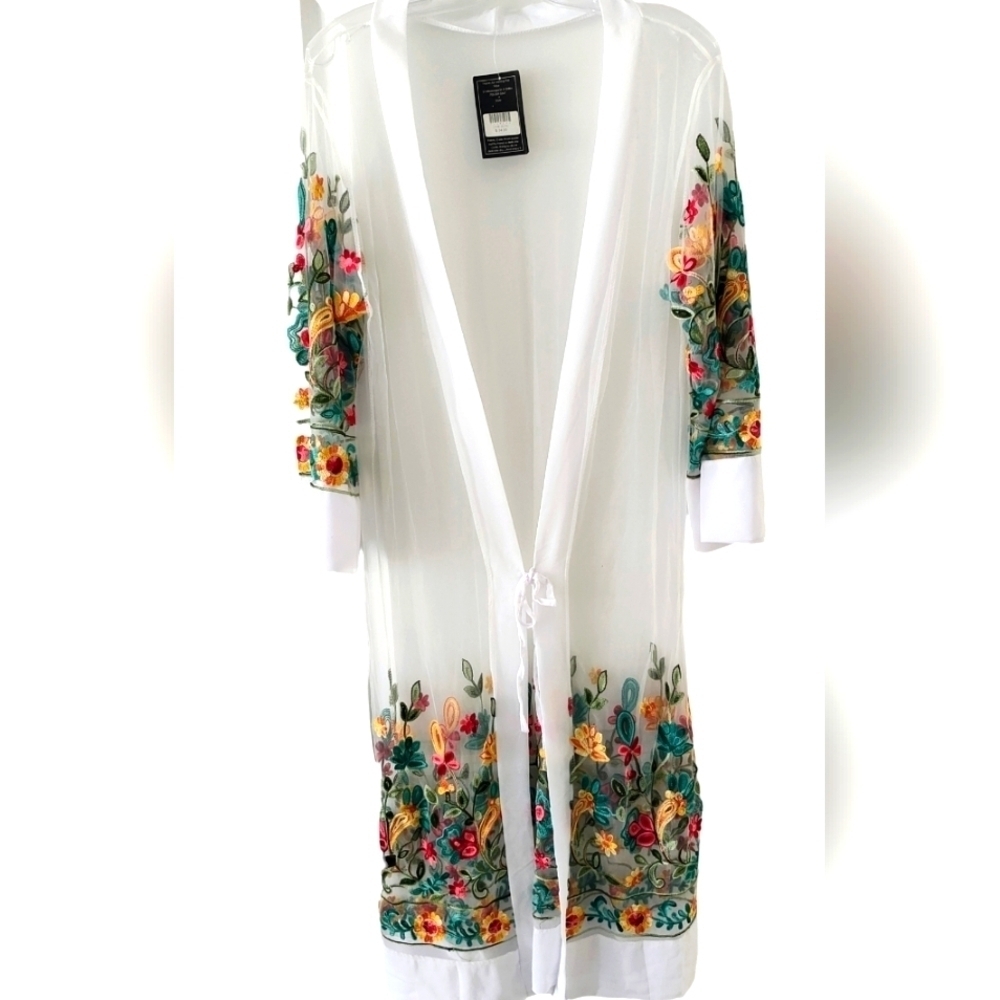 TRIBE Sheer Embroidered Floral Chiffon Kimono White Size One Size - Picture 2 of 5